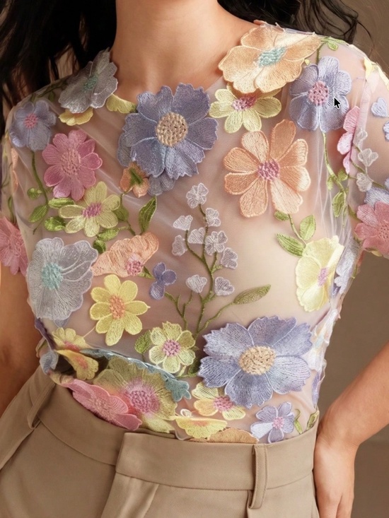 Tops - Boho Pastel floral Appliqué Cottagecore blouse